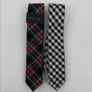 Tommy Hilfiger Boys Ties Lot of 2 - Multicolor Scotch Plaid and Black Checkered